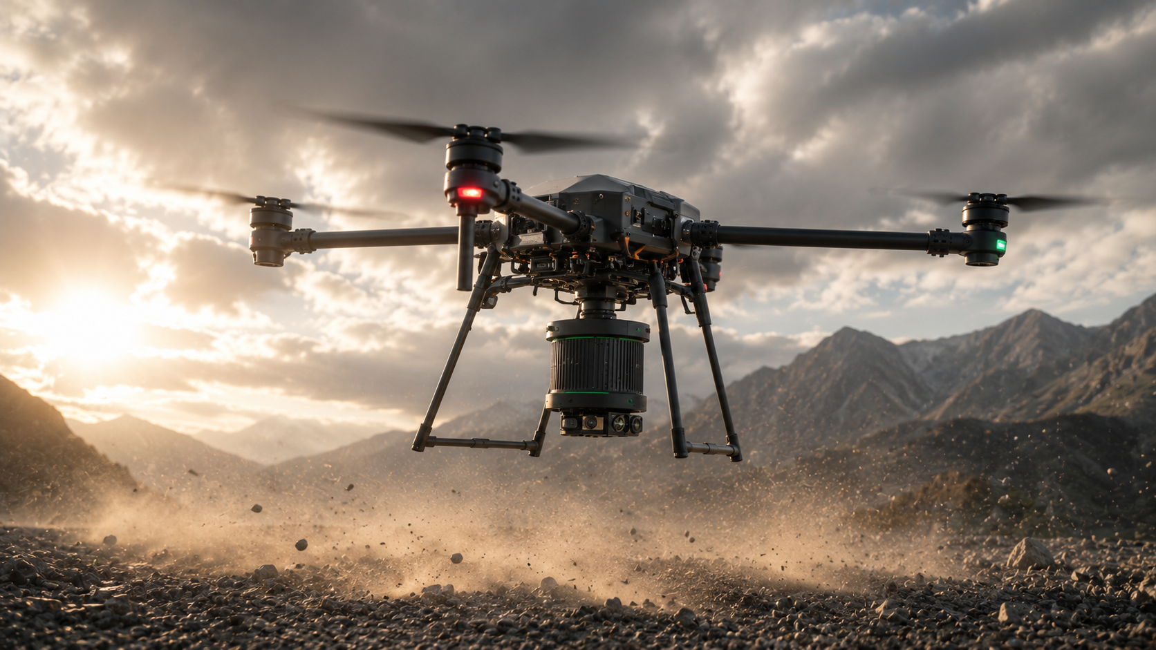 A large industrial quadcopter drone with a mounted camera and landing gear hovers over a rocky mountain landscape under a dramatic cloudy sky with low sunlight.