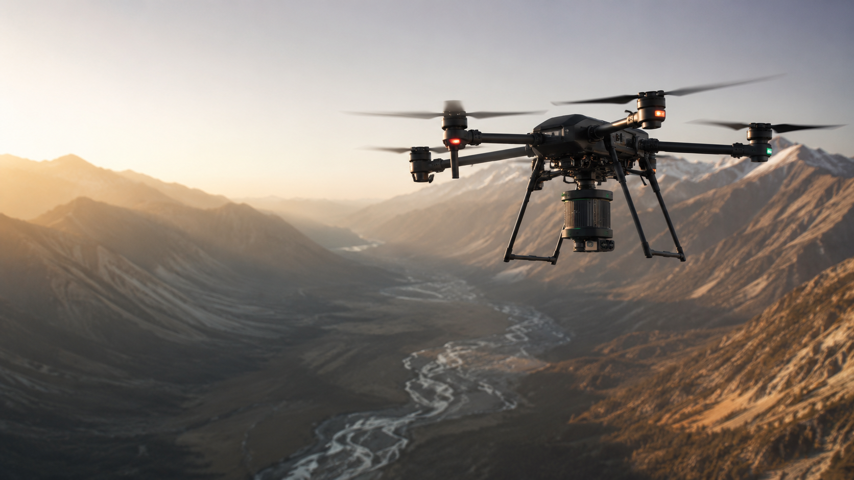 A black quadcopter drone with a mounted camera is flying over a deep mountain valley with a river below during golden hour.