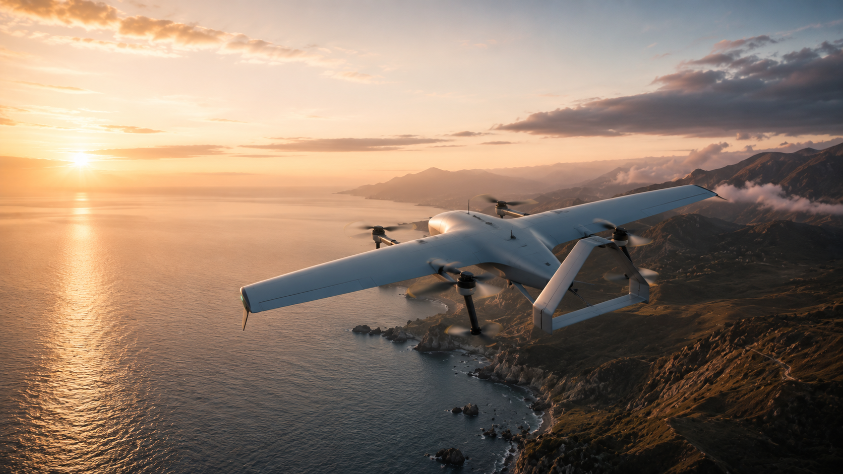 A large white quadcopter delivery drone flying over a coastal ocean at sunset, with mountains and clouds in the background.