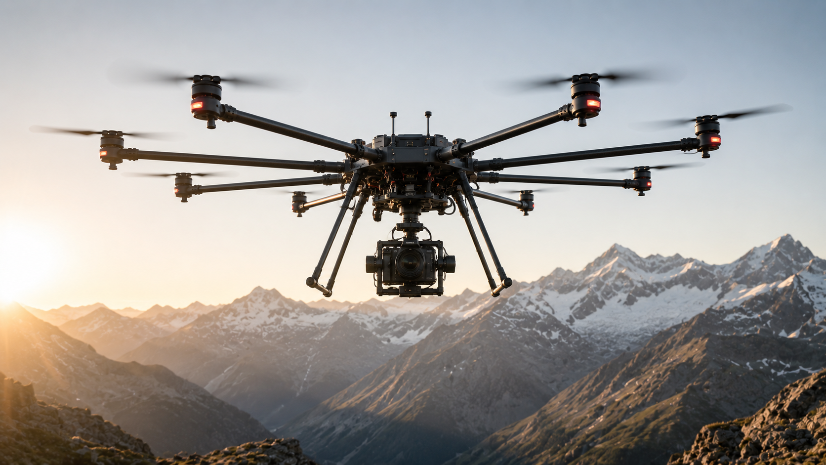 A large black multi-rotor drone with a camera gimbal suspended underneath, flying over a mountain range at sunset.