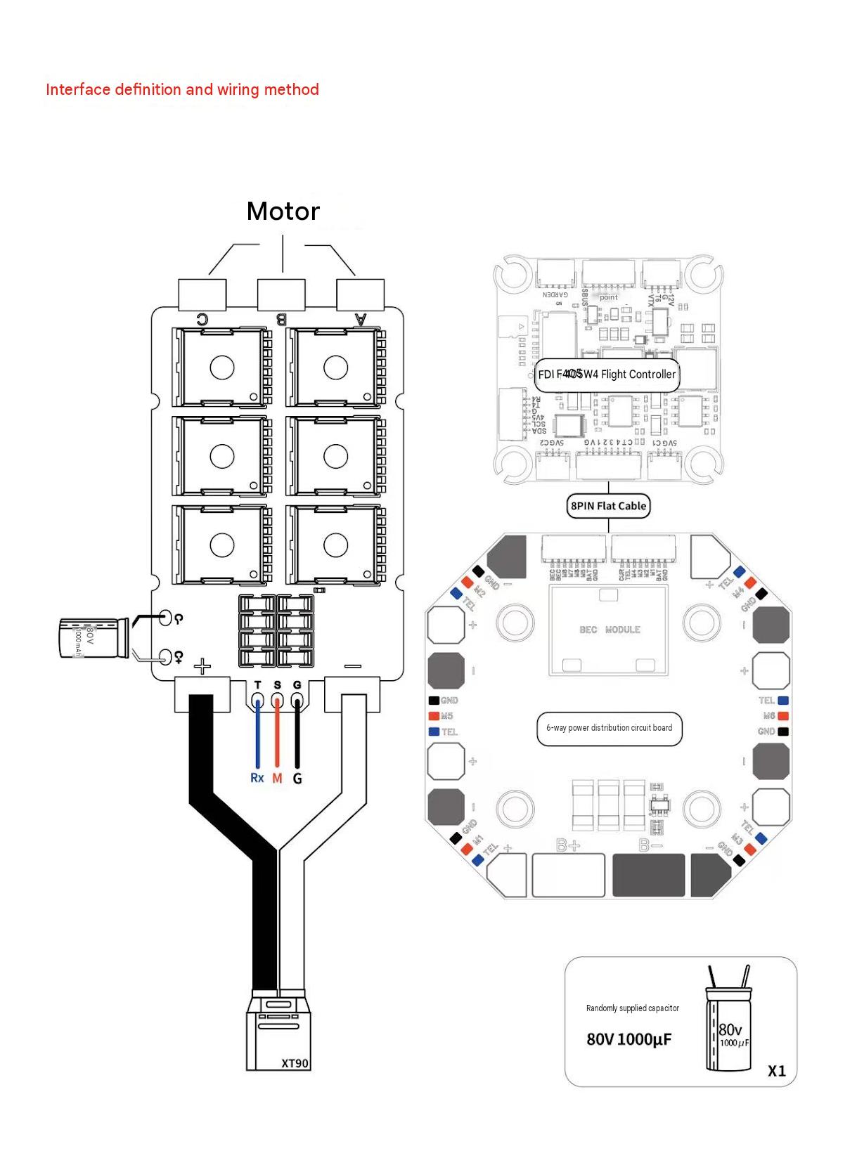 Technical schematic diagram showing interface definition and wiring method for a motor, with labeled parts, pin connections, a flat cable layout, and an 80V 100uF capacitor note on a white background.