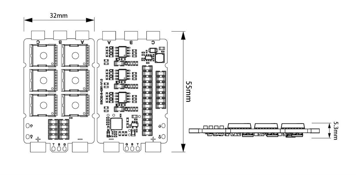 Technical line drawing of an electronic circuit board with dimension annotations showing 32mm width, 55mm height, and 5.3mm profile, on a white background.
