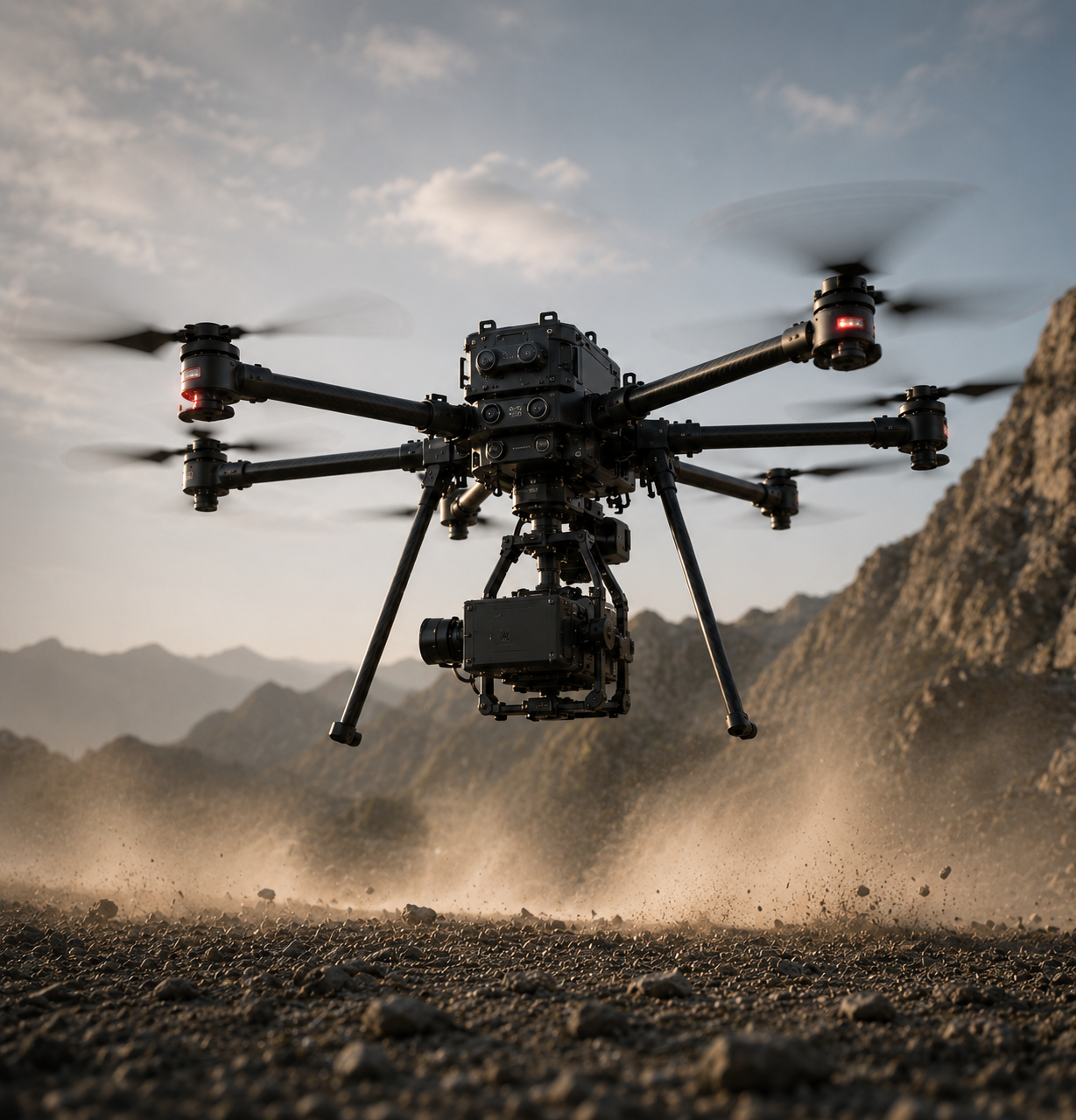 A large black multi-rotor drone with a camera gimbal suspended below, flying over a dusty rocky desert landscape with mountains in the background.
