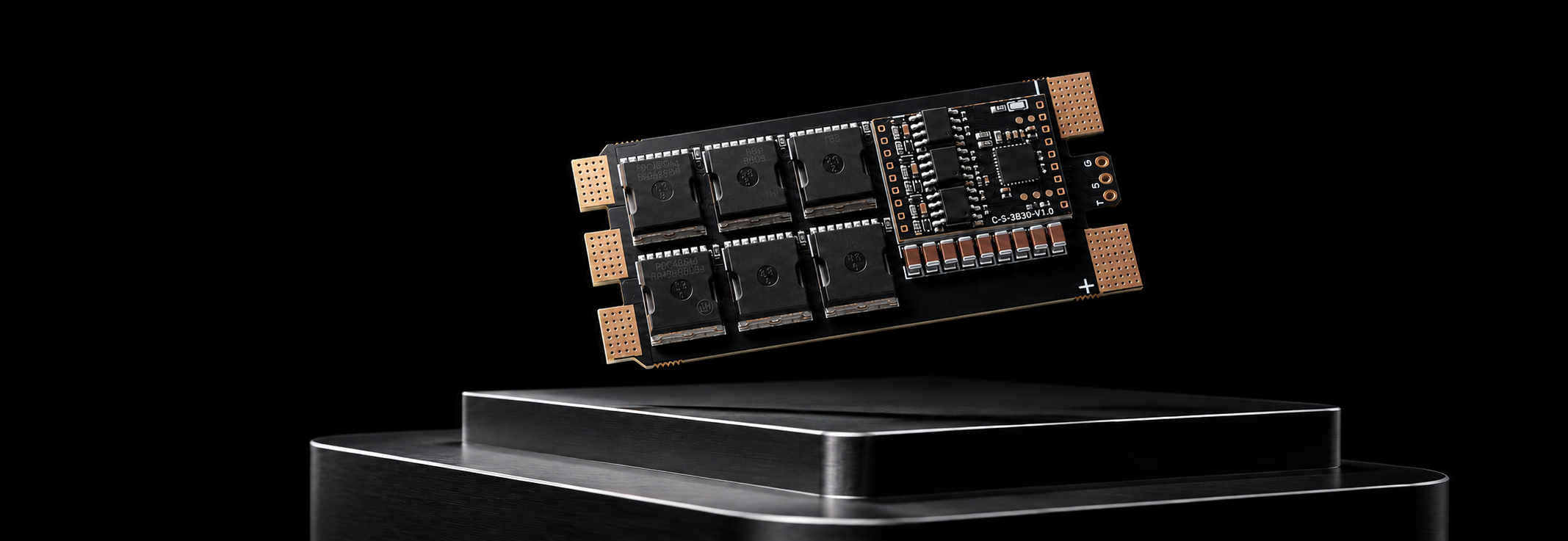 A high-performance memory module with eight black memory chips and gold-plated connectors, floating above a dark metallic pedestal against a solid black background.