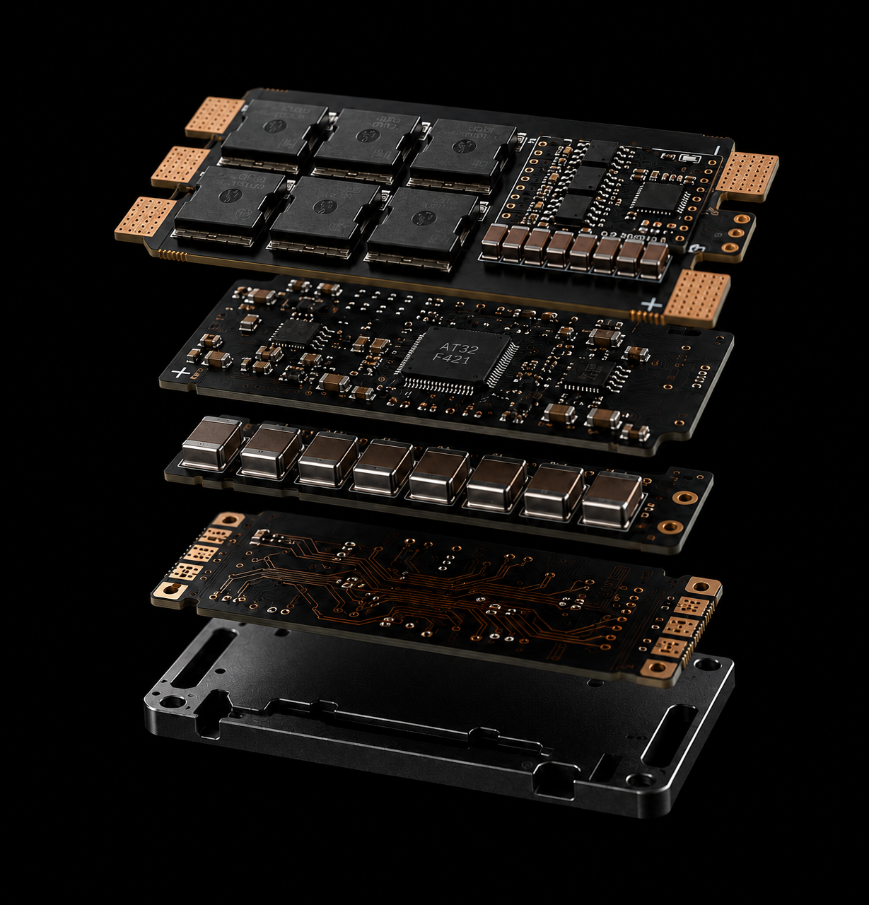 Four stacked electronic circuit boards with integrated heat spreaders and gold-plated connectors, arranged in a vertical exploded view against a solid black background.