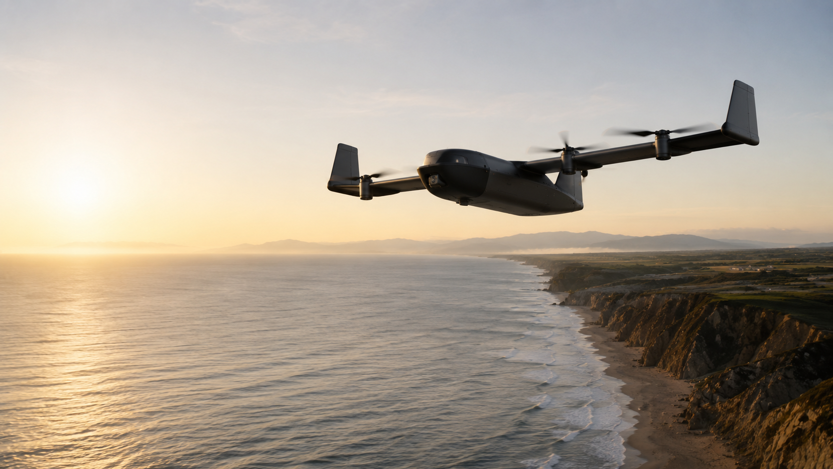 A large electric vertical takeoff and landing (eVTOL) drone flies over a coastal ocean at sunset, with cliffs and a beach visible below.