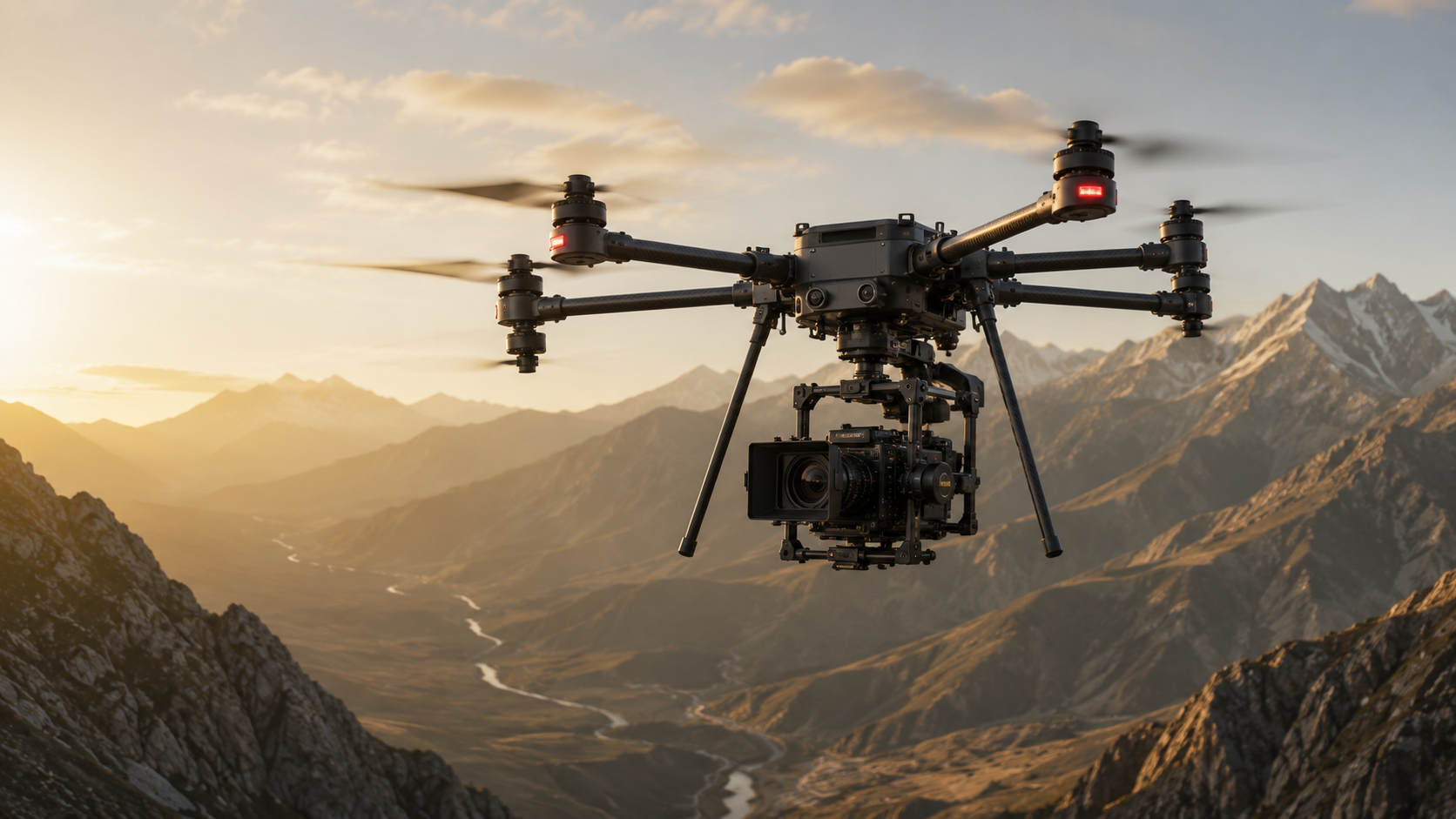 A large black quadcopter drone with a mounted camera hovers over a mountain valley at sunset, with blurred peaks and a river in the background.