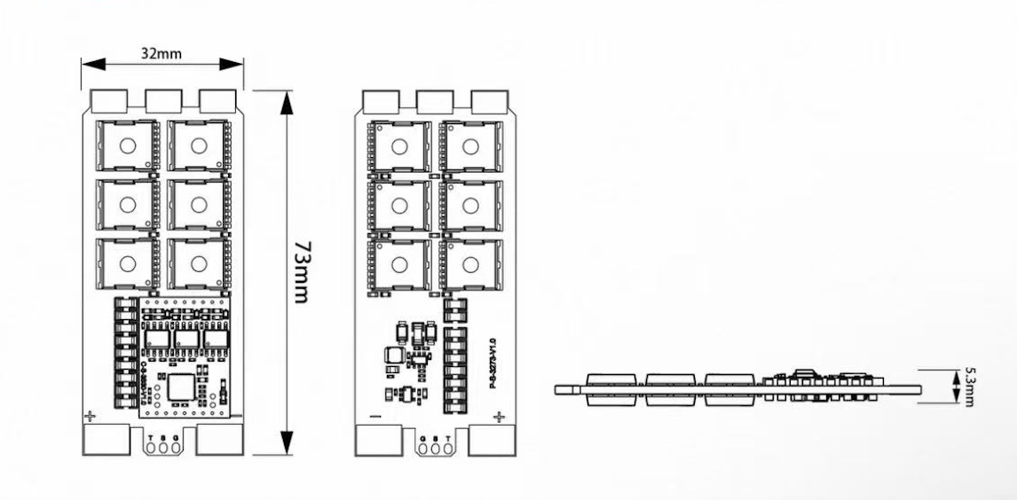 Technical line drawing showing front and side views of an electronic module with dimensions labeled 32mm, 73mm, and 5.3mm on a white background.