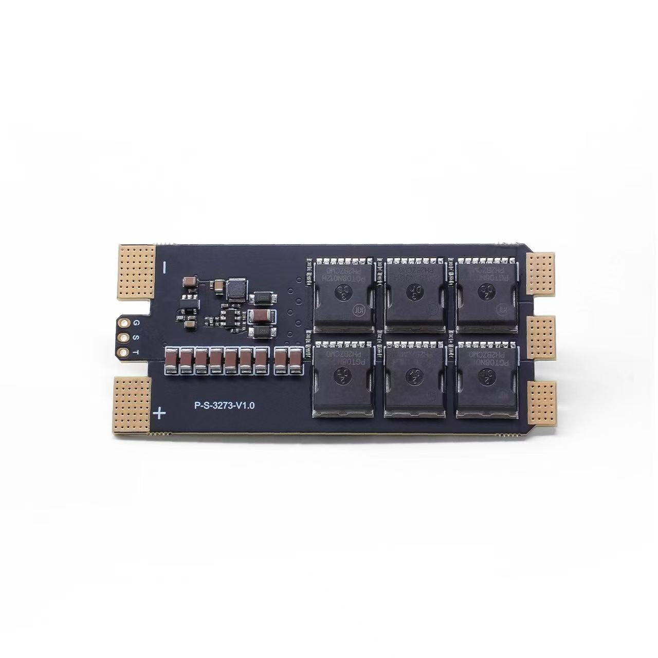 A black ZeniRace 160A Standalone ESC with six black integrated circuits, several small resistors and capacitors, and gold-plated connector pins on both ends, shown on a white background.