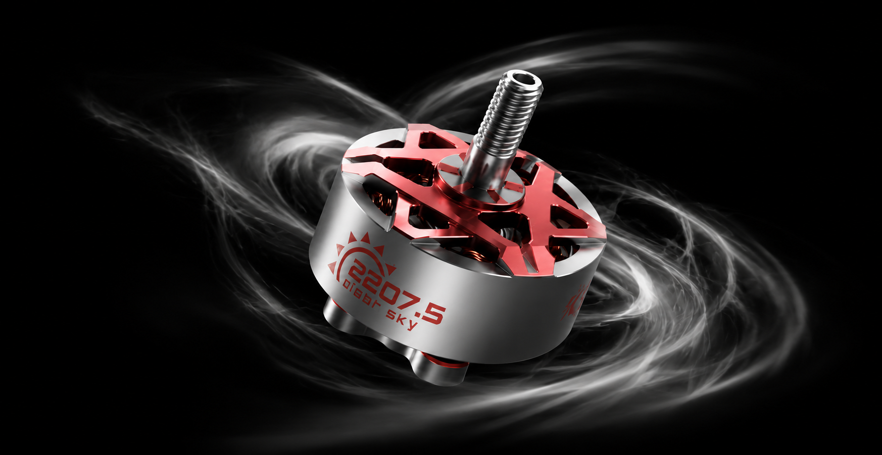 A brushed motor drone part with a silver body, red star-shaped internal components, and a threaded metal shaft, shown against a black background with stylized white smoke swirls.