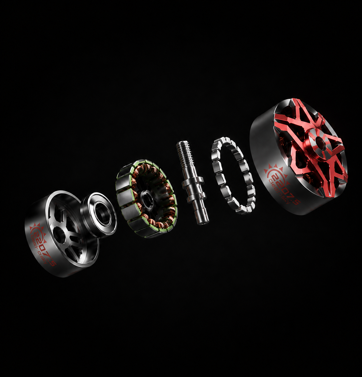 A high-quality product render of a multi-part brushless motor disassembled into its components, arranged diagonally on a solid black background. The motor features a black anodized body with vibrant red accents on the outer hub, silver metal shafts, and a green-coated stator winding.