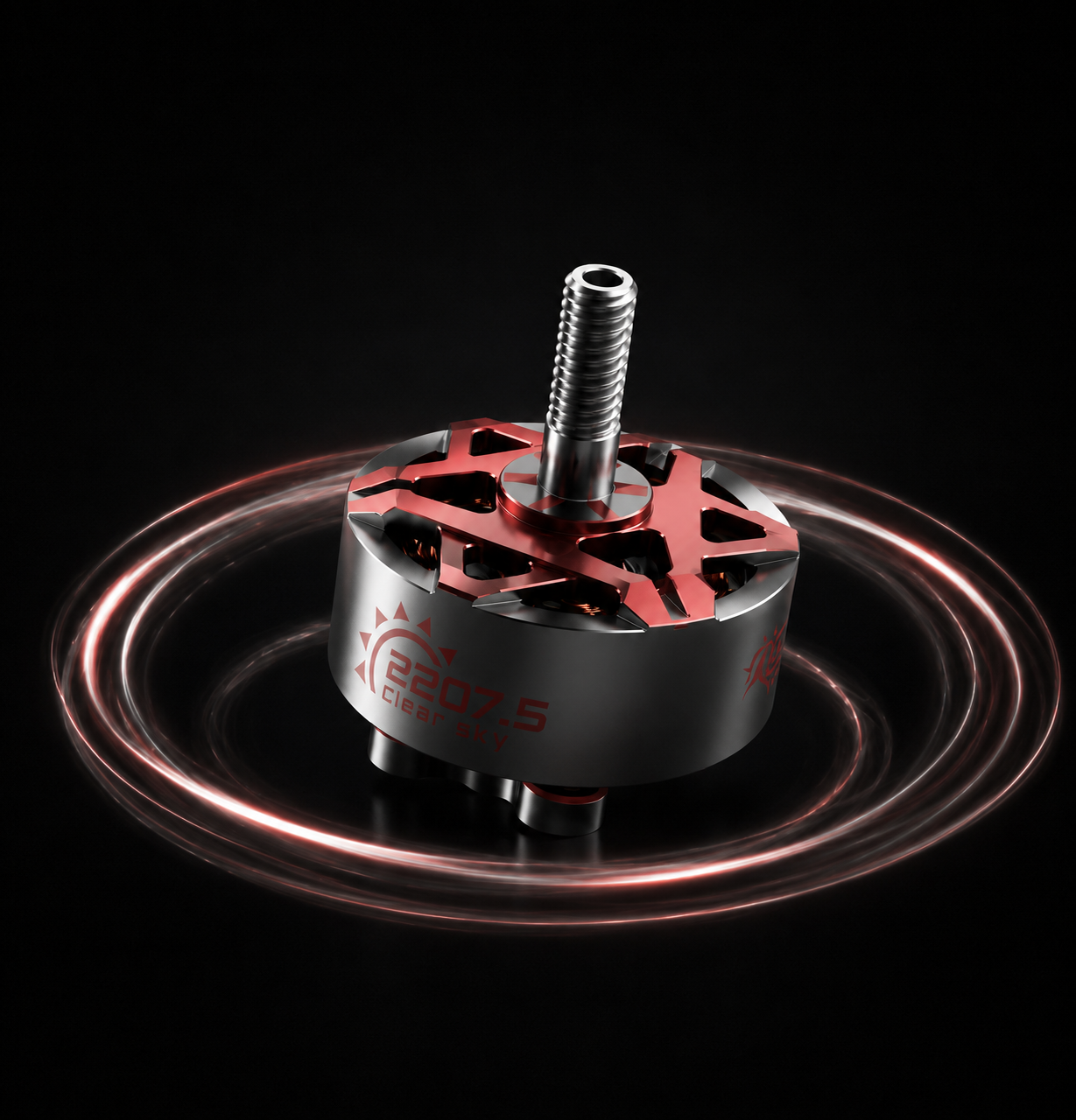 A brushed motor drone brushless motor with a brushed silver metal shaft and a red and black open-frame stator, shown against a black background with glowing red light trails.