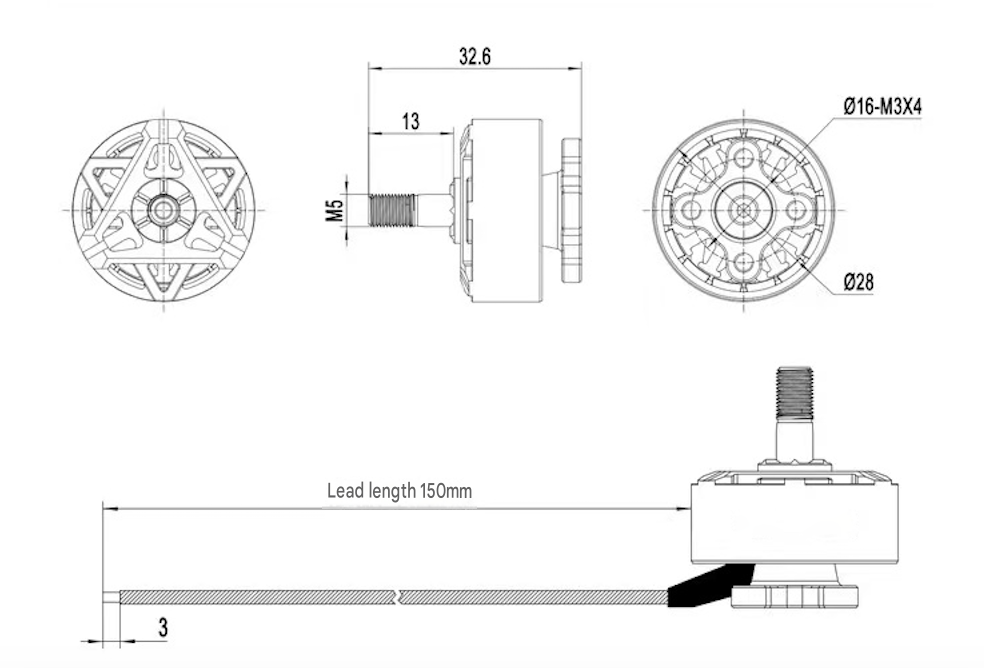 Technical line drawing showing multiple views of a cylindrical electrical lead or connector component with dimensions, including lead length 150mm, thread M5, diameter markings, and lead spacing.