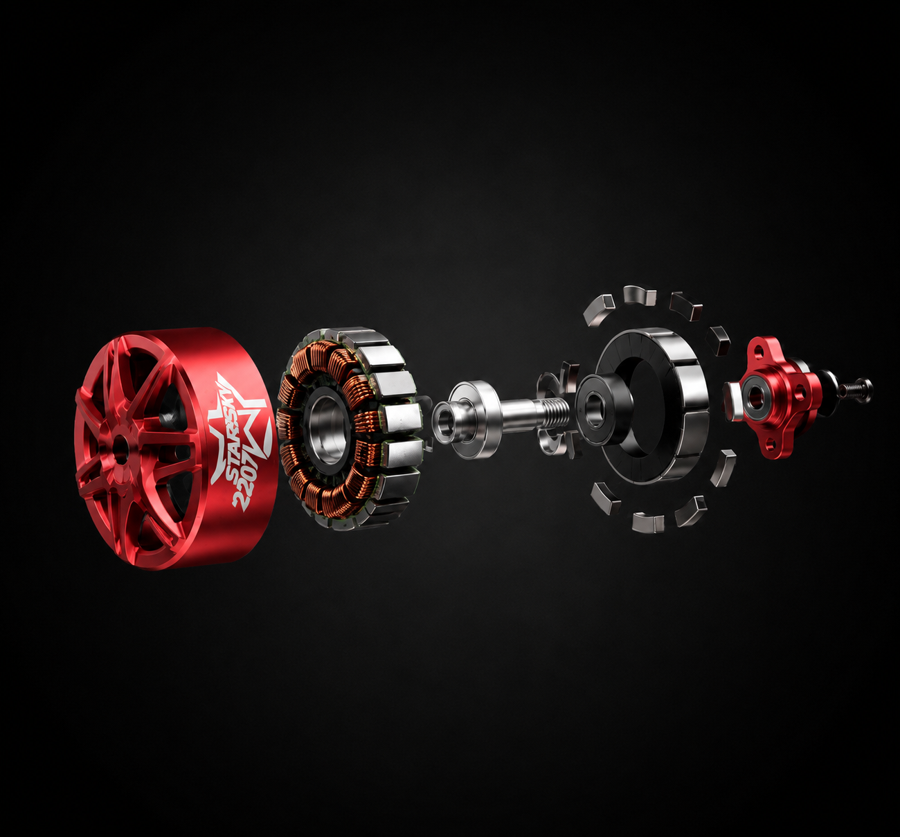 An exploded view of a high-performance red and silver mechanical component, likely a motor or transmission part, shown against a solid black background. The leftmost piece is a bright red anodized wheel-like housing with white 'Ride Pro' branding, followed by silver and black metallic rings, a central shaft, and another red component on the far right.