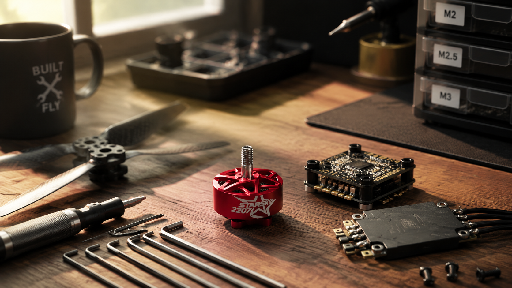 A red 2-step drone motor with a white Starflight logo sits on a wooden workbench surrounded by drone parts, tools, and a black mug that reads 'zenirace'.