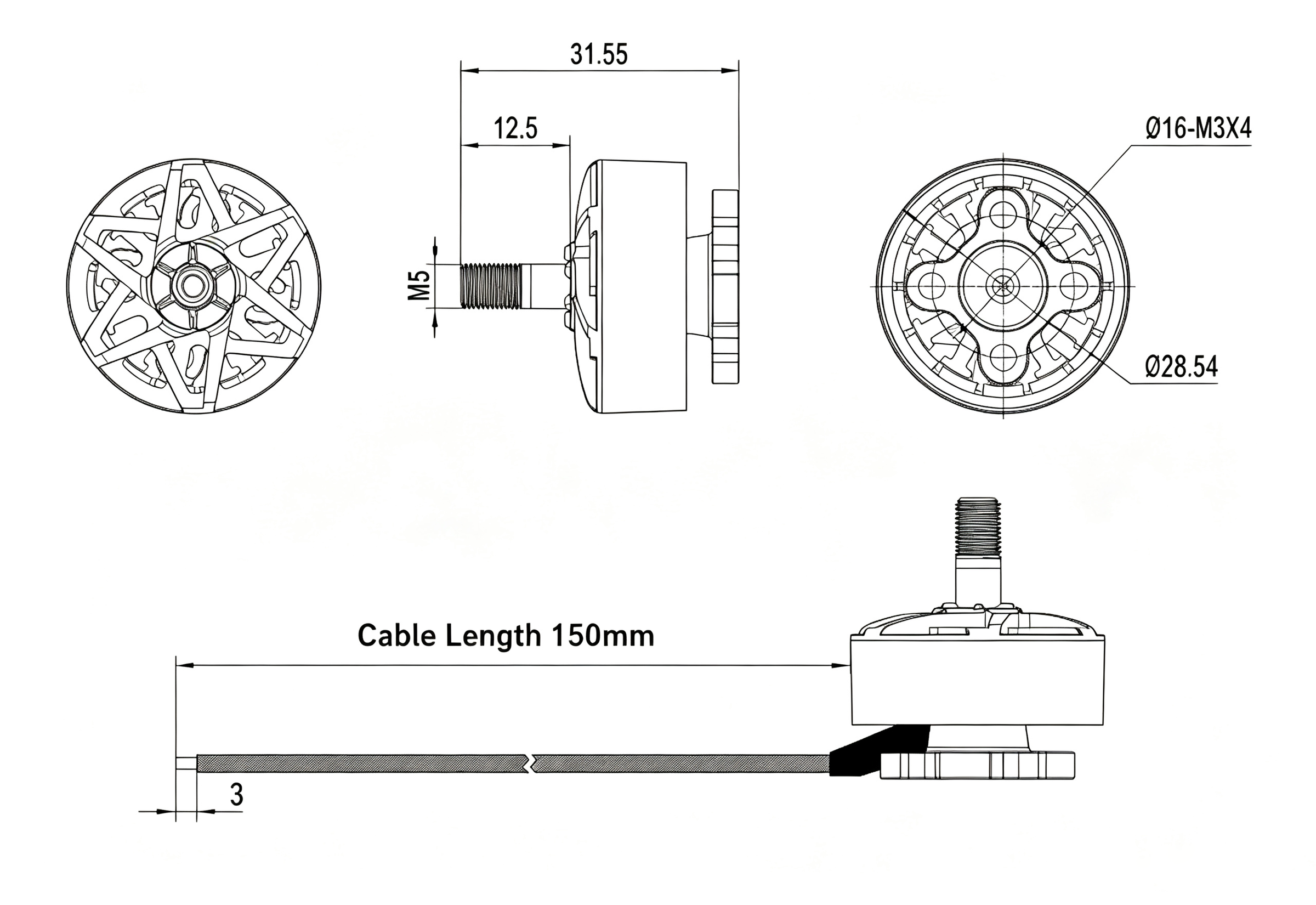 Technical line drawing showing multiple views of a small cylindrical component with dimensions labeled, including cable length 150mm, thread size M5, and outer diameters 31.55, 12.