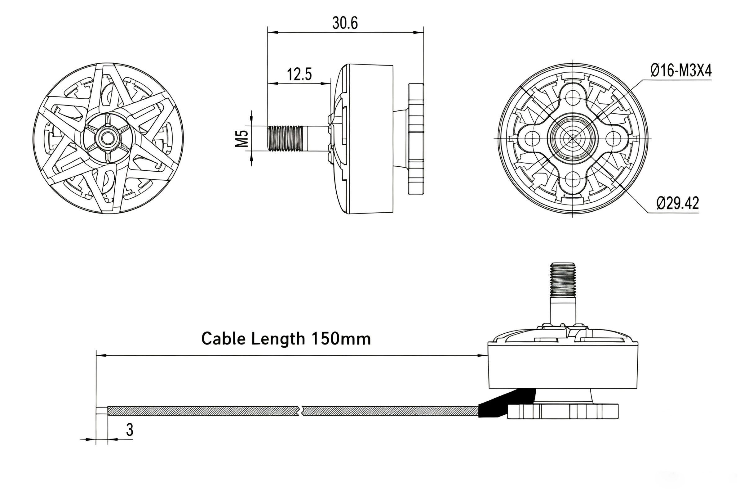 Technical line drawing showing multiple views of a cable monitor or connector component with dimensions labeled, including a side profile, top view, and a long cable-length view with measurements.