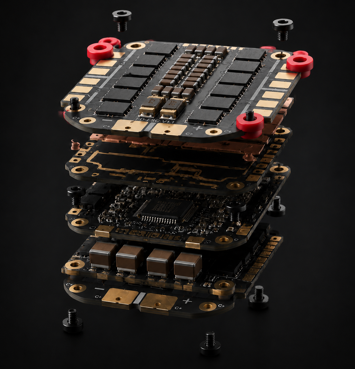 An exploded view of a high-performance electronic circuit board assembly, showcasing multiple stacked layers with gold-plated traces, black PCBs, integrated heat spreaders, capacitors, and red terminal rings, secured with black screws on a dark background.