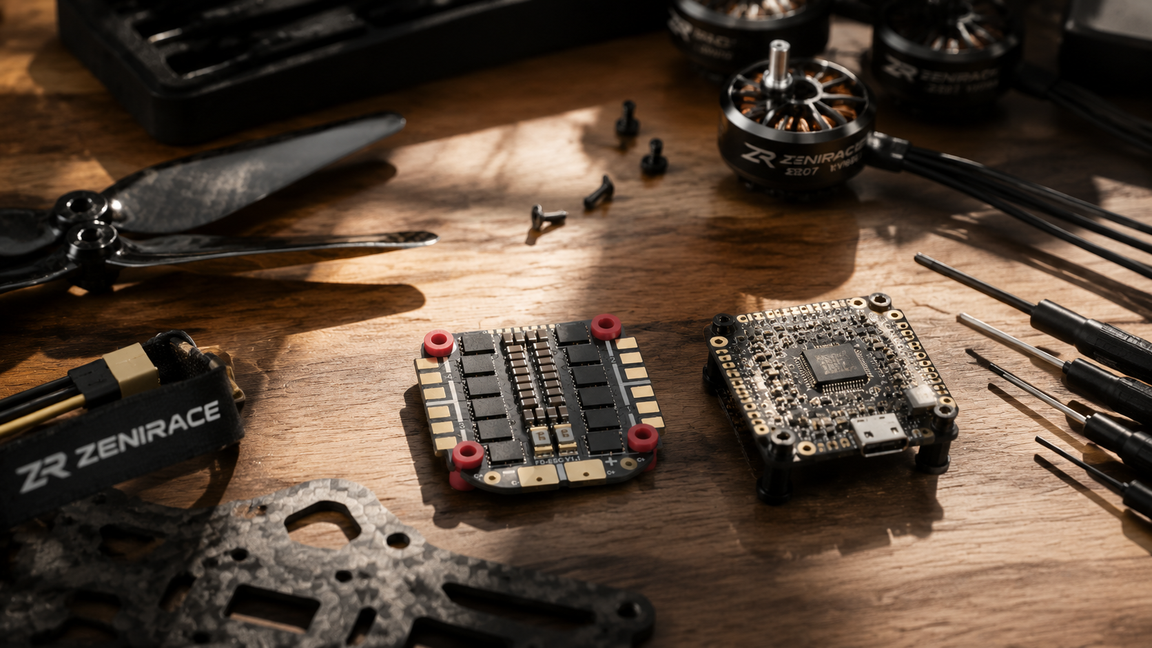 A close-up of a ZenRACE drone motor and electronic components laid out on a wooden workbench with tools and screws around them.