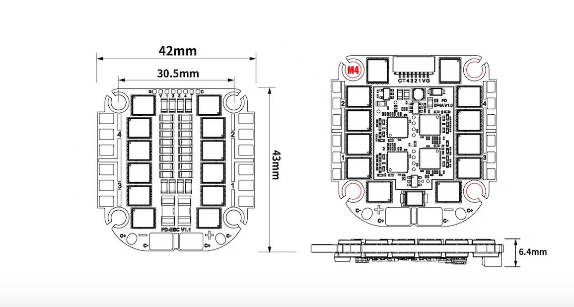 Technical dimension drawing of a rectangular electronic circuit board shown from multiple angles on a white background, with measurements labeled 42mm, 30.5mm, 43mm, and 6.