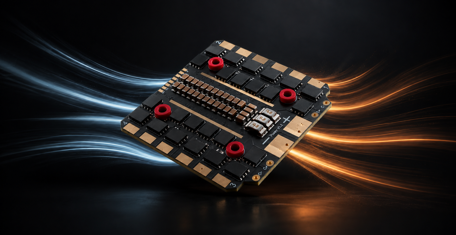 A high-current ZeniRace_80A_100A_4-in-1_ESC with a black and gold PCB, red terminal connectors, and a silver heat sink, shown on a dark background with glowing light effects and text highlighting 80A continuous, 100A continuous, and 110A burst ratings.