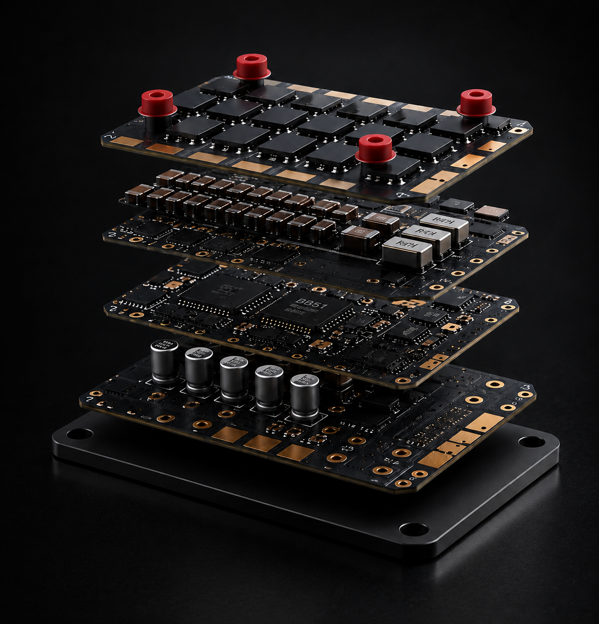 A stack of layered electronic circuit boards and power modules arranged in an exploded vertical stack on a black reflective studio background. The boards are primarily black with gold-plated copper traces, silver cylindrical capacitors, red terminal caps, and a black metal base plate.