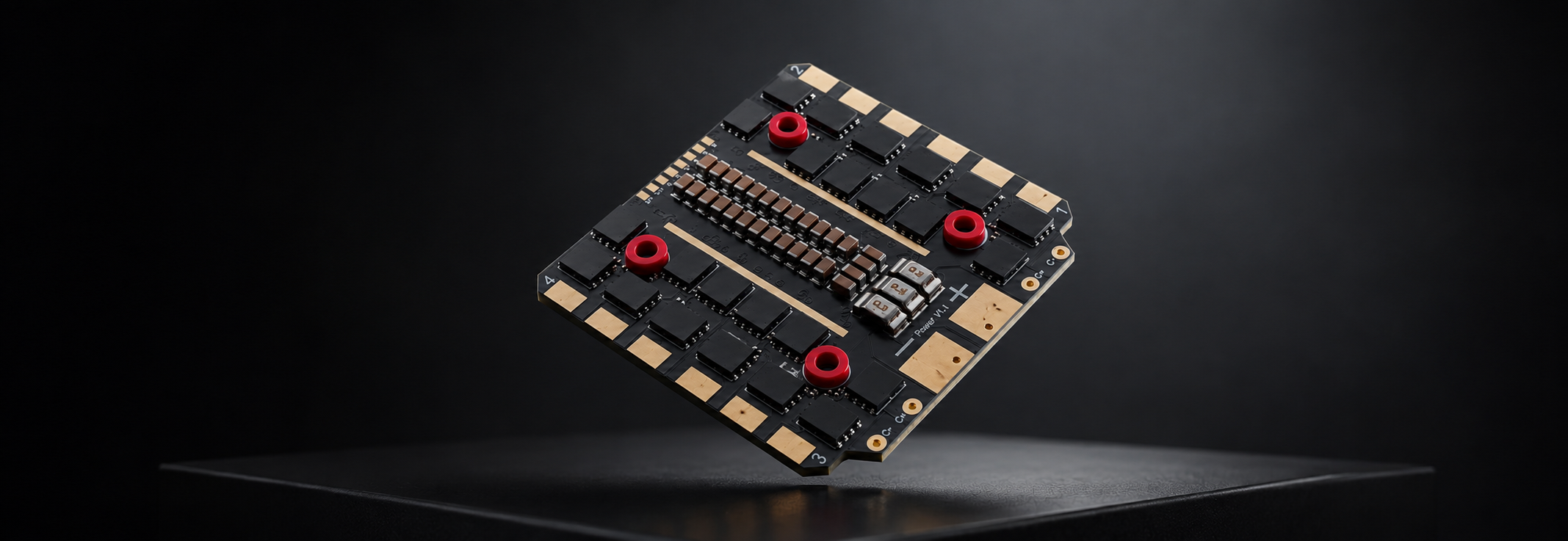 A compact electronic circuit board or PCB module with gold-plated contacts, a black base, and four prominent red circular components, shown floating at an angle on a dark reflective surface against a black background.