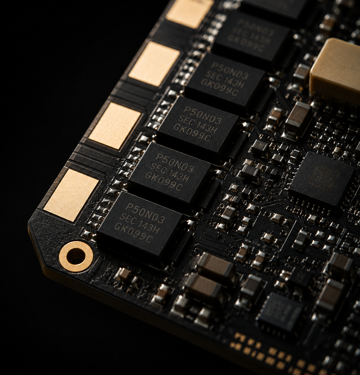Close-up of a black printed circuit board with multiple black integrated circuit chips, gold-plated pads, and a gold rectangular component on a dark background.