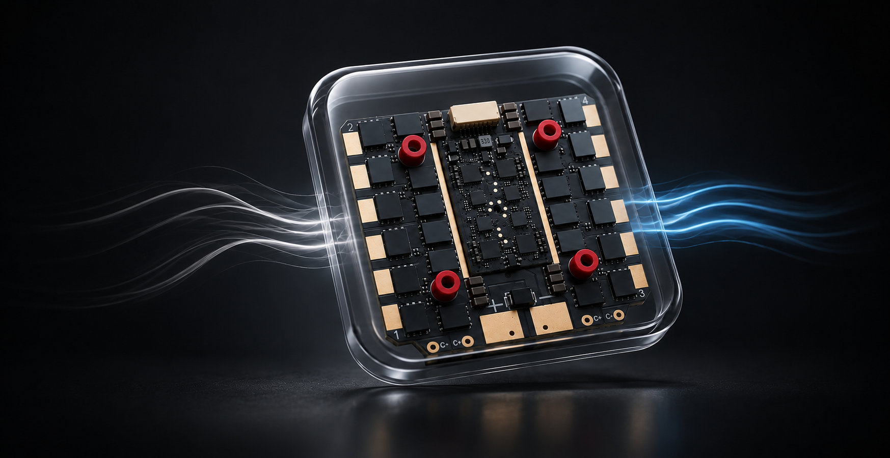 A square transparent protective case containing a black electronic circuit board with gold contacts and red circular components, shown on a dark background with glowing blue and white light effects.