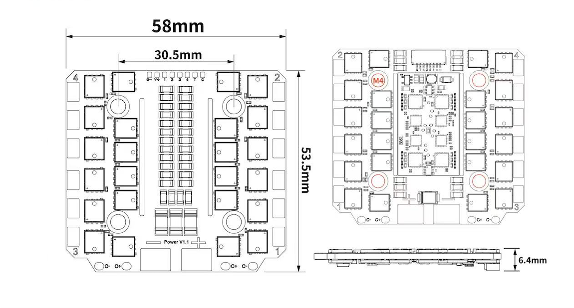 Technical dimension drawing of a rectangular electronic circuit board, showing front, top, and side views with measurements labeled 58mm, 30.5mm, 53.
