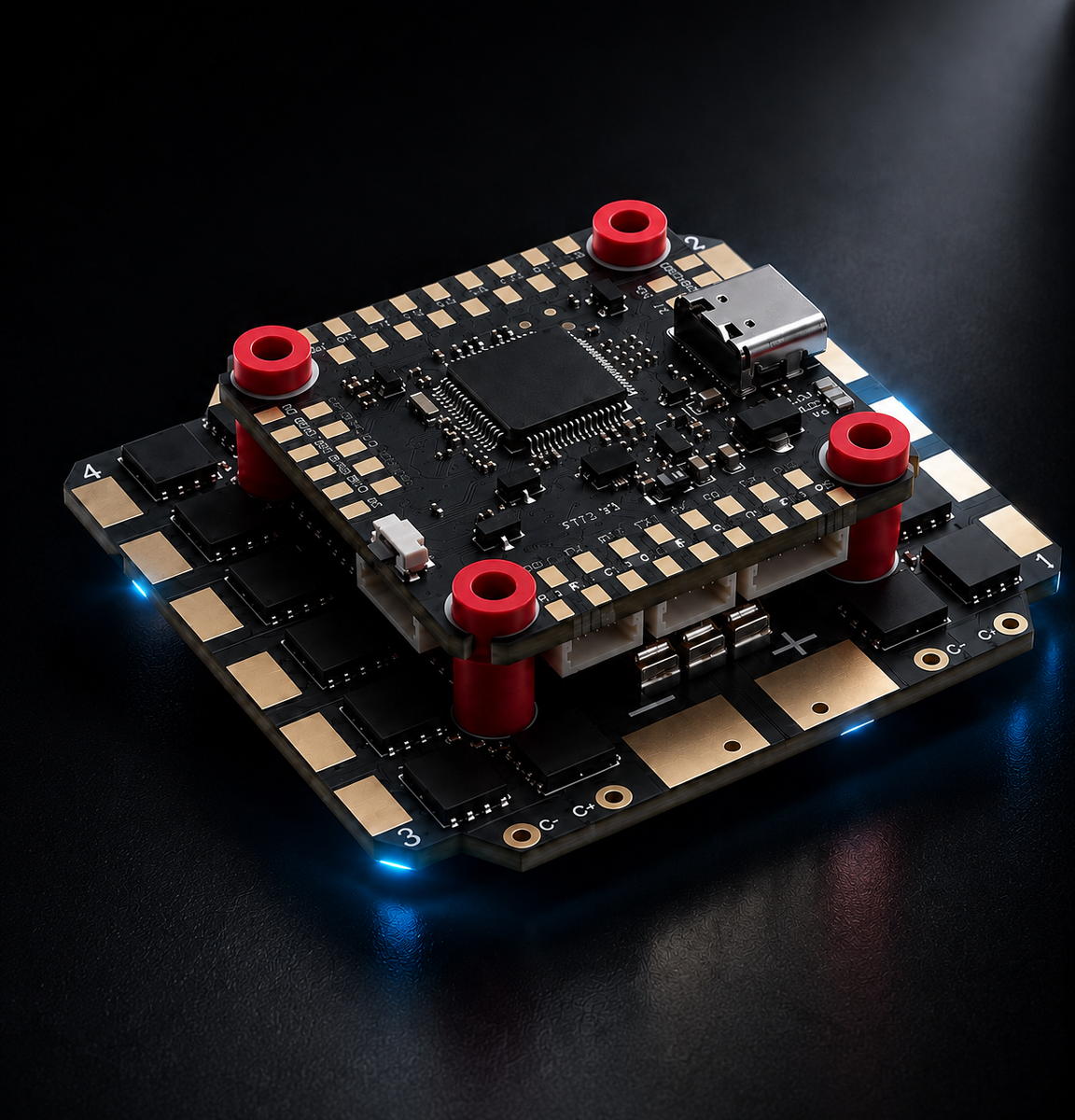 A high-tech electronic circuit board assembly with a black PCB base, gold-plated connectors, a central microchip, and four prominent red cylindrical components, photographed on a dark reflective surface with blue LED lighting.