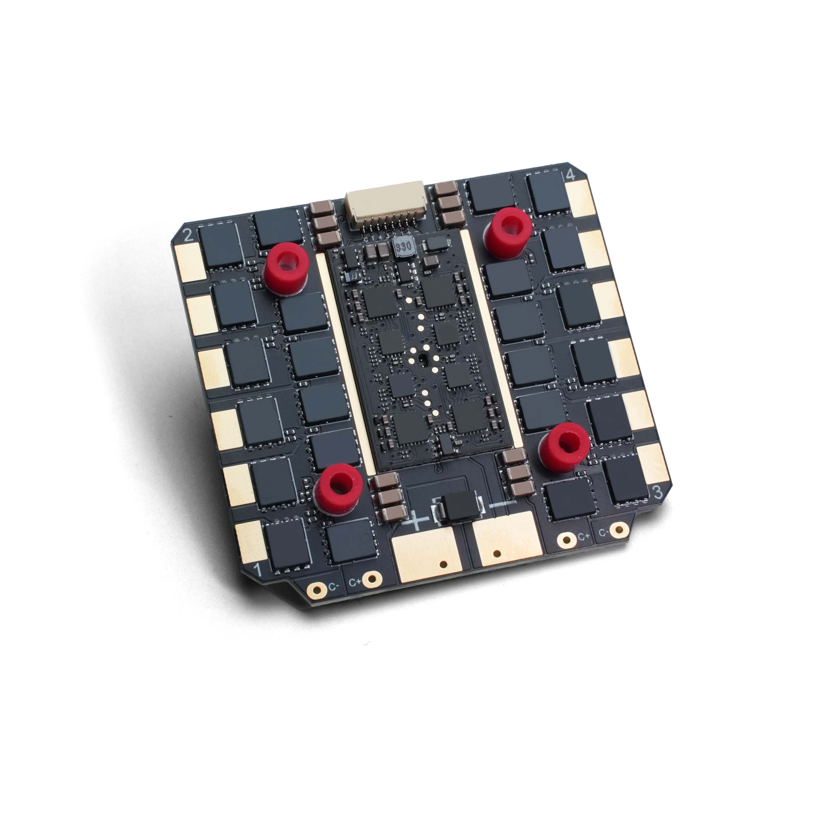 A square ZeniRace 80A/100A 4-in-1 ESC with a dark green PCB, featuring multiple black integrated circuit chips, gold-plated metal pads, and four prominent red cylindrical components, shown on a clean white background.