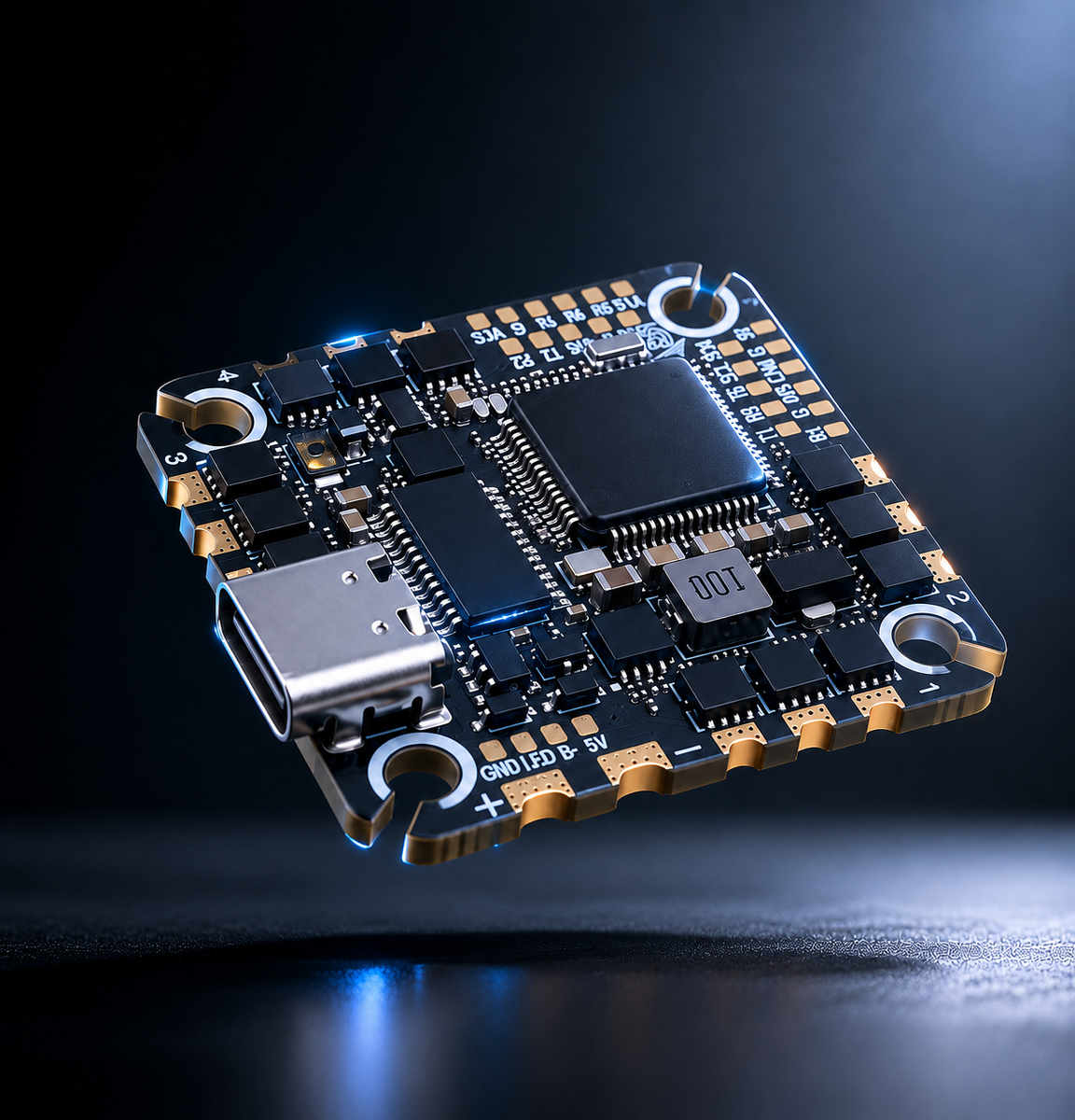 A floating close-up of a black electronic circuit board with gold-plated connectors, a USB-C port, and a central processor chip, set against a dark studio background with blue light reflections.