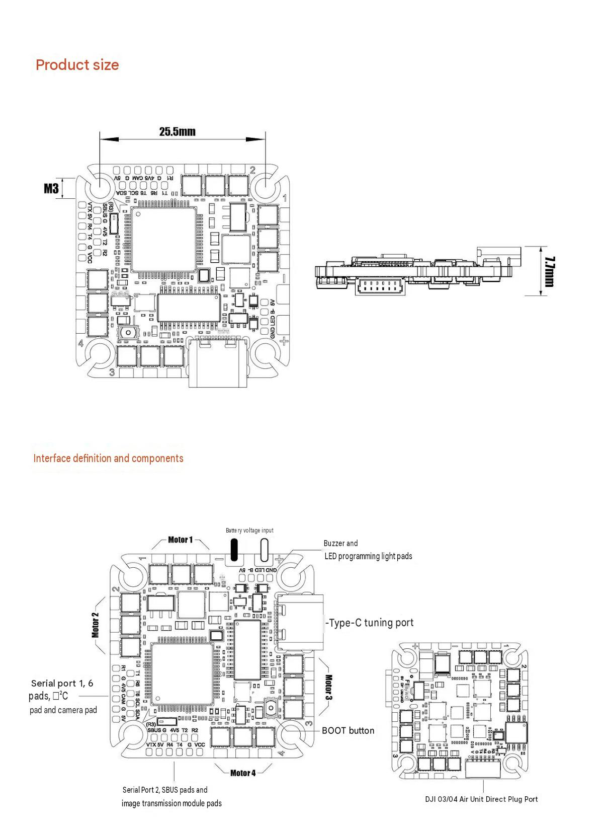 Technical product diagram showing the dimensions and interface layout of an electronic control module, with front, side, and top-down line drawings and labeled components on a white background.