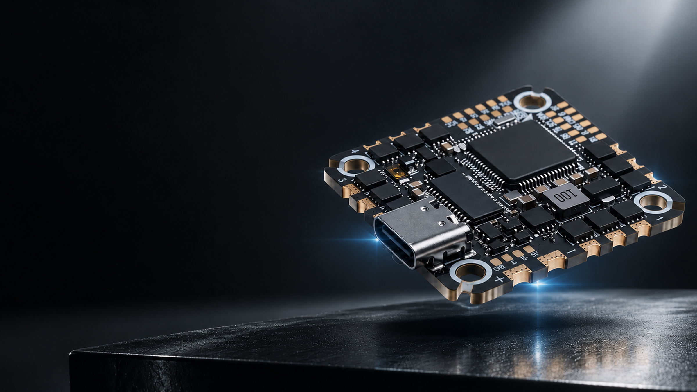 A compact zenirace aio flight control board with gold-plated pins and a USB-C port, shown floating above a dark reflective surface against a black background with dramatic lighting.