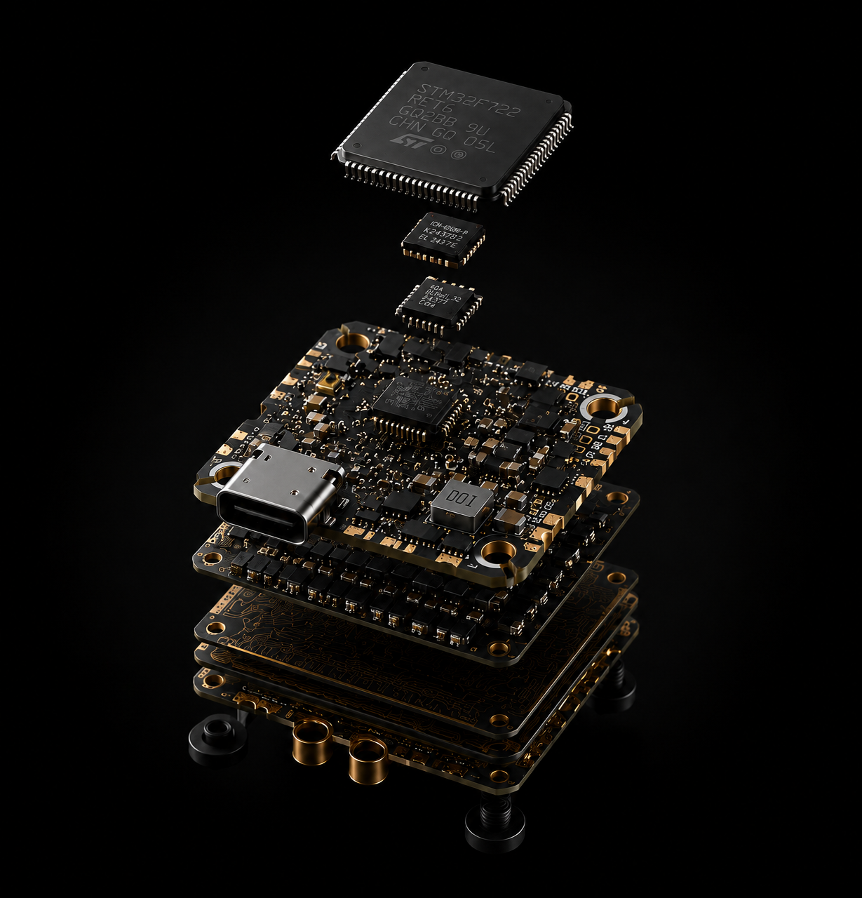 An exploded view of a black electronic circuit board stack with multiple floating microchips and connectors, set against a solid black background.