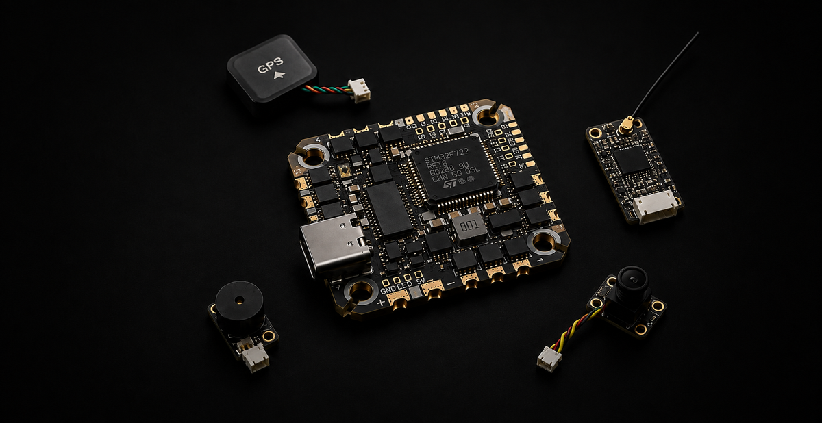 A high-tech electronic flight controller board with various sensors and modules arranged on a dark black background. The central board is gold and black with a USB-C port, surrounded by separate components including a GPS module, an antenna, and two cameras.