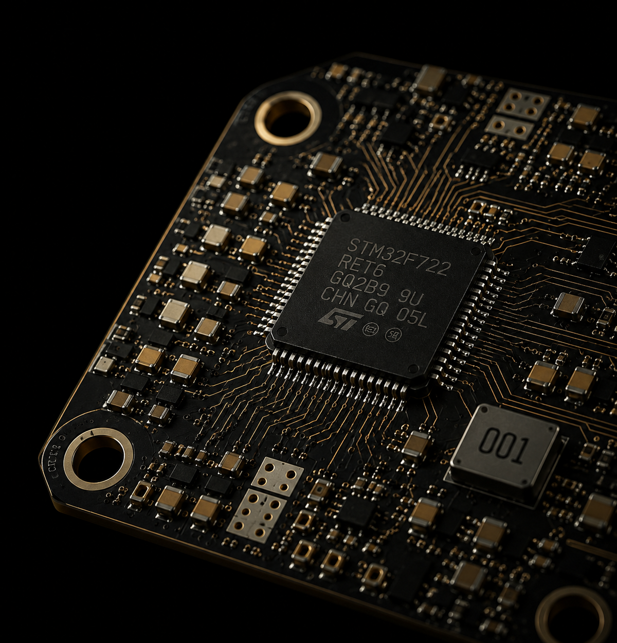 Close-up of a black printed circuit board (PCB) featuring a central STMicroelectronics STM32F722 R-RTC chip, surrounded by gold-plated traces, gold pads, and other electronic components on a dark background.