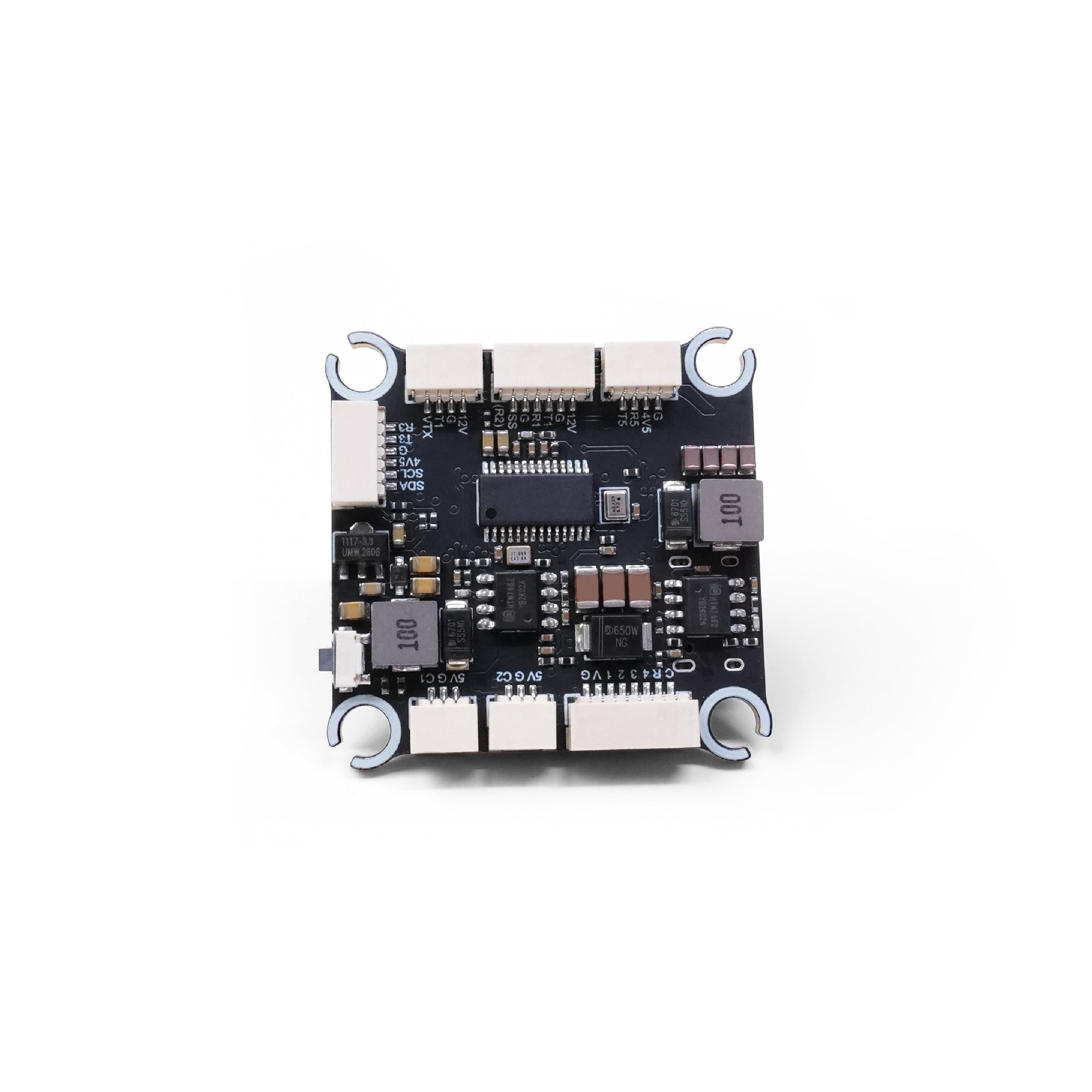 A square electronic circuit board with integrated circuit chips, capacitors, and metal terminal clips on a clean white background.
