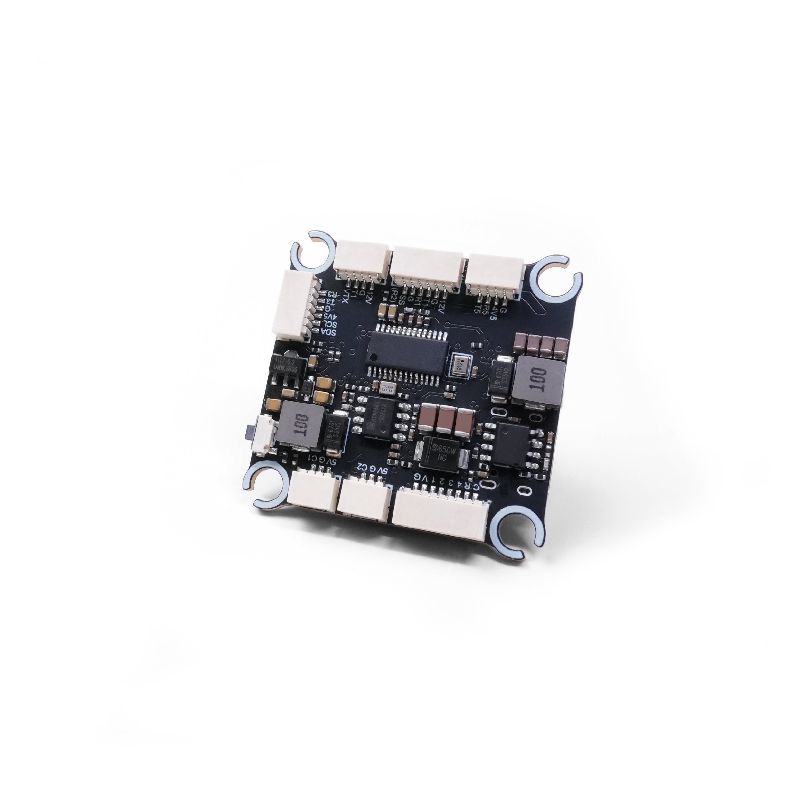 A square electronic circuit board with multiple white USB-C ports, integrated circuit chips, capacitors, and silver metal loop connectors at the corners, photographed on a clean white background.