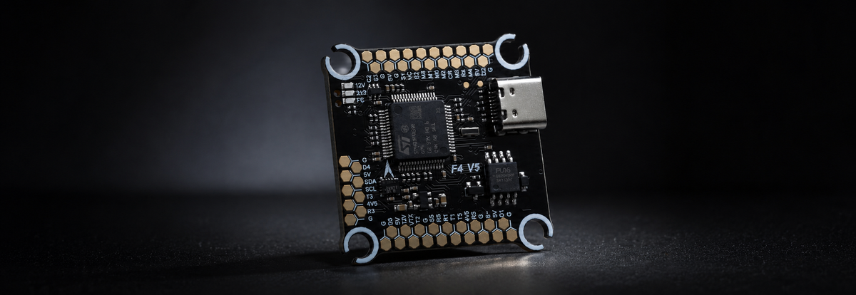 A compact electronic microcontroller board with a USB-C port, standing upright on a dark surface against a black background.