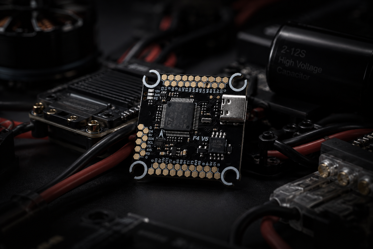 A small black electronic flight controller board with gold-plated pins and a USB-C port, shown in a close-up macro shot among other drone components on a dark background.