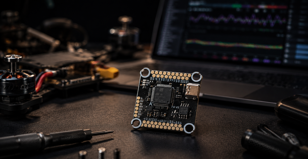 A small electronic microcontroller board with gold-plated pins and a USB-C port, standing upright on a dark workbench with a blurred laptop in the background displaying code.
