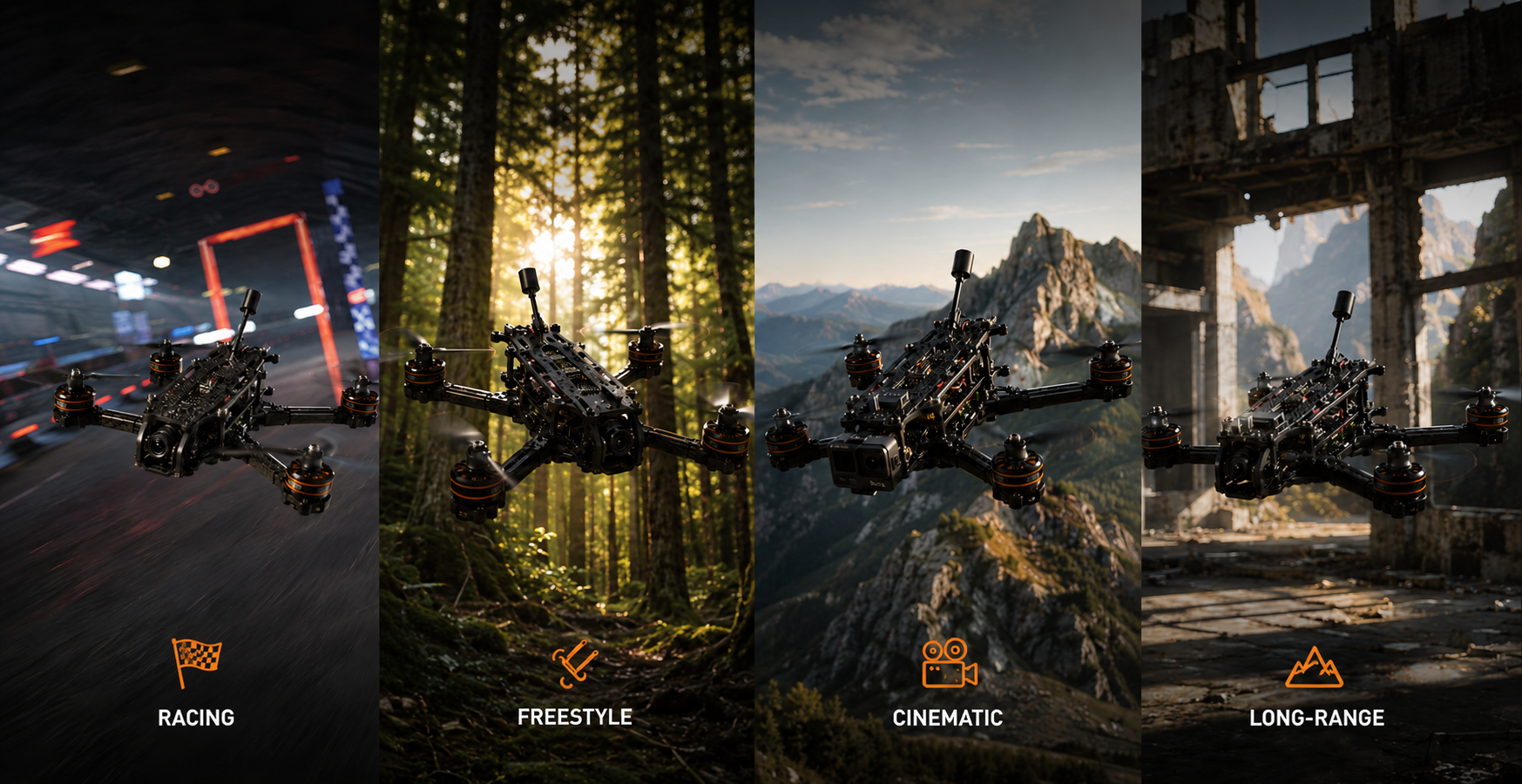 Promotional graphic for a quadcopter drone controller showing the same drone in four different action scenes: racing on a track, freestyle flying, cinematic flight, and long-range exploration. The text at the top reads 'One Controller.