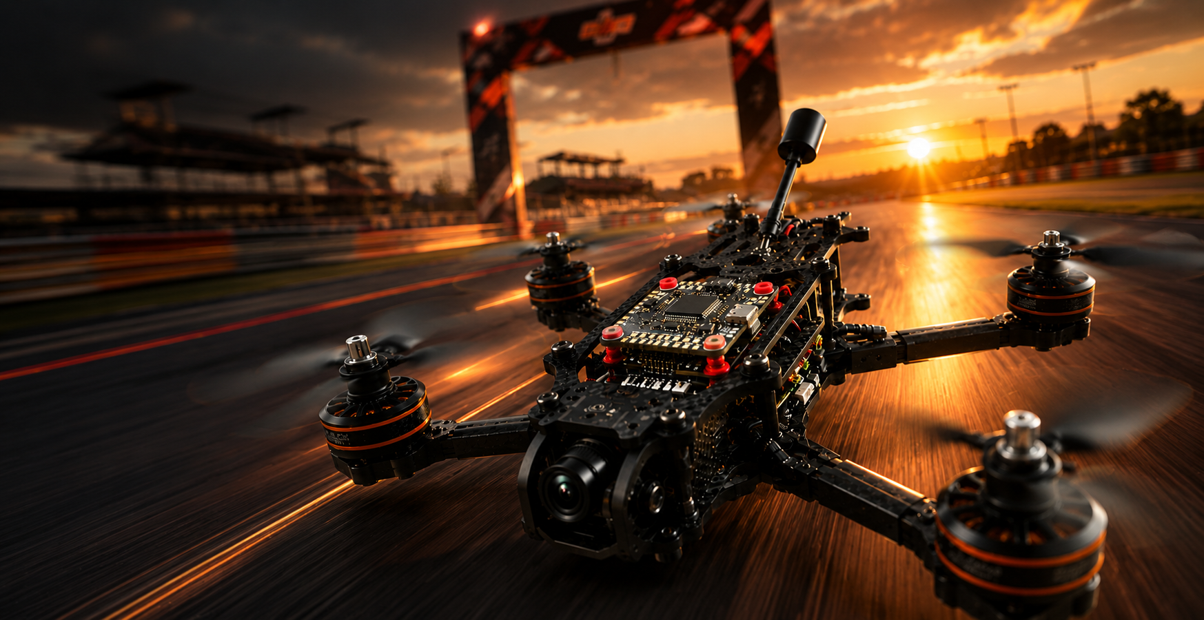 A black quadcopter drone shown from a low angle on a racetrack at sunset, with marketing text on the left reading 'Confidence at Full Throttle' and feature icons for power regulation, TVS protection, and reliable signal processing.