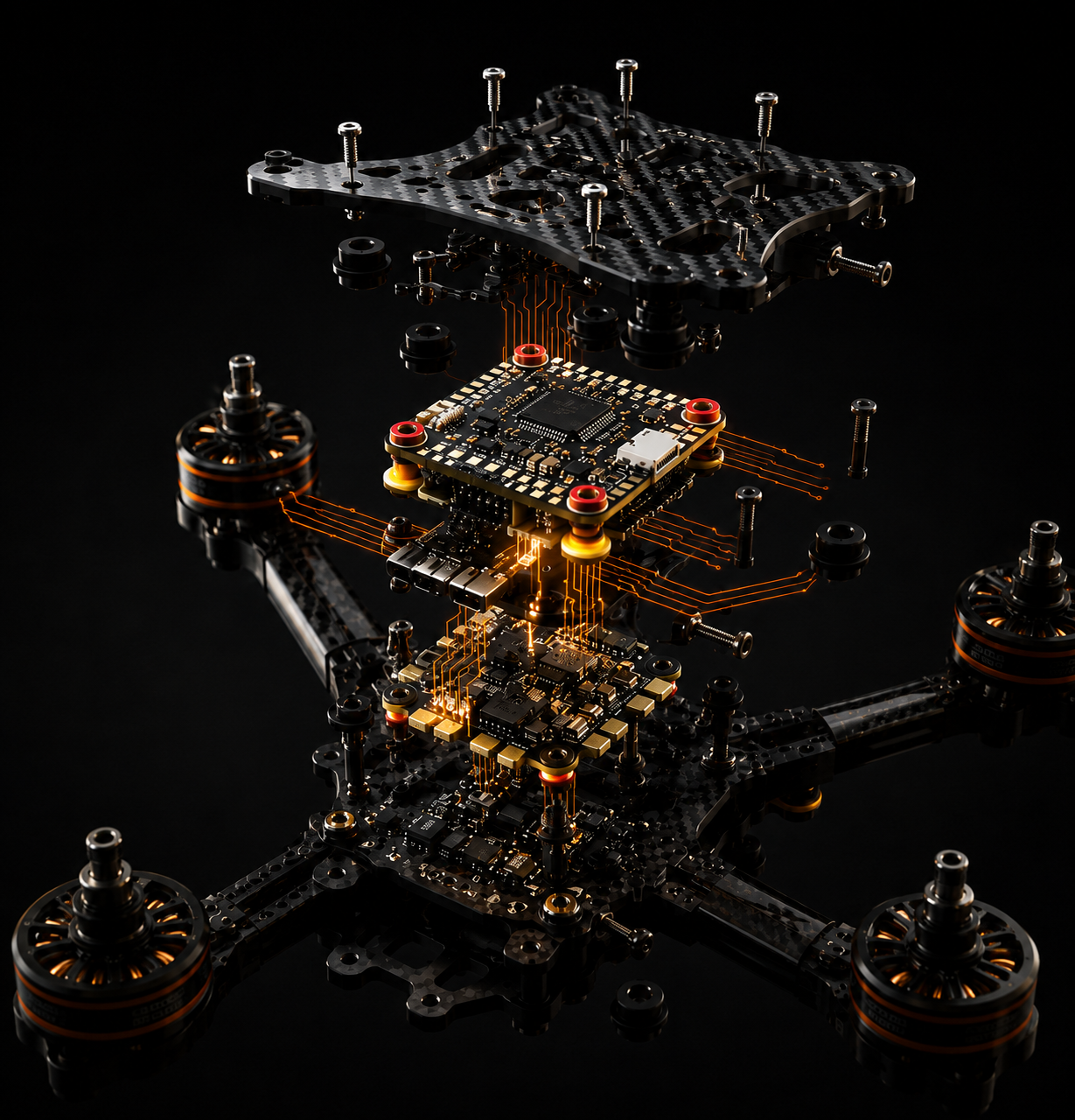 A high-tech quadcopter drone shown in a dark studio setting with its internal electronics and motors exposed. White marketing text on the left reads 'Built Around Precision' with additional feature icons and text below.
