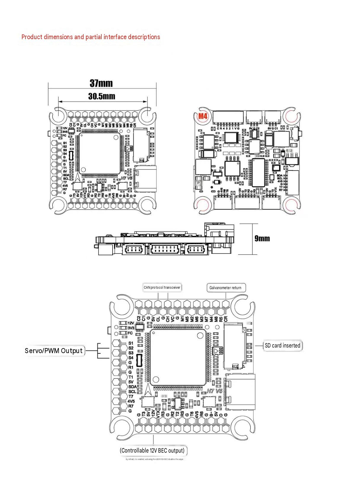 Technical schematic showing product dimensions and partial interface descriptions for a square electronic control board, with front, top, and side views, labels, and measurement annotations on a white background.
