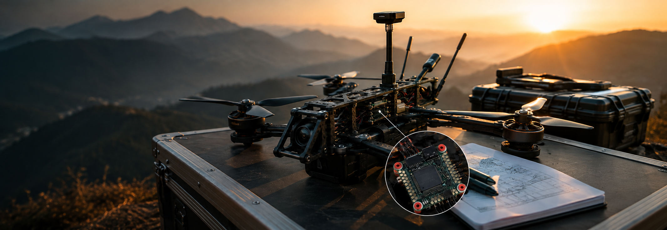 A Zenirace FPV drone shown on a flight case with a mountain landscape at sunset in the background, plus a circular inset highlighting a microcontroller. Text on the left reads 'Ready for Complex Airframes' and 'Supports Betaflight, ArduPilot, INAV, and PX4.