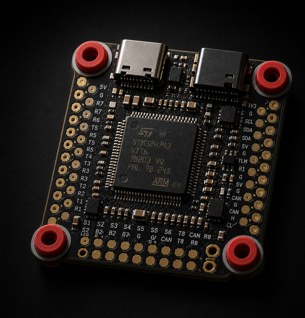 zenrace precision electronic circuit board with a 480 MHz processor, featuring red terminal blocks and gold-plated pins, with a dark background and white text overlay.