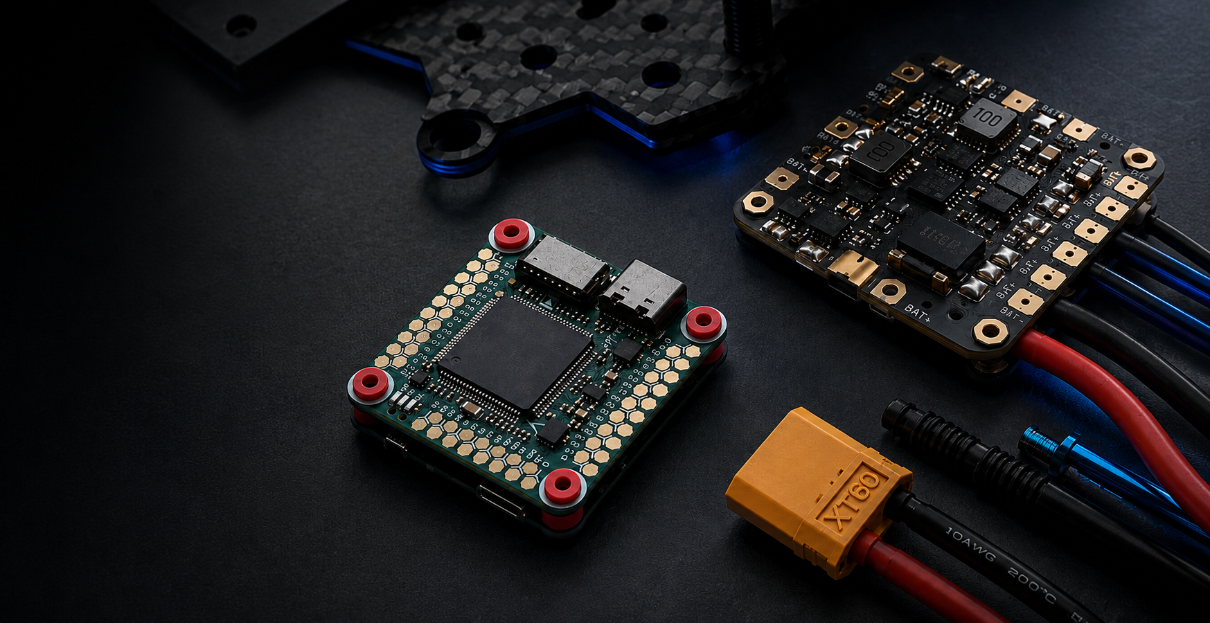 A close-up product shot of electronic flight control boards and connectors on a dark surface, with marketing text reading 'Designed Around Reliability' and the brand ZENRACE visible in the lower left.